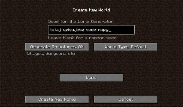 Minecraft seed - Minecraft seeds - ekran, w którym gracz może wpisać dowolny, wybrany przez siebie seed, czyli ziarno generatowa świata gry