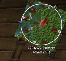 mapa z bliska - Rei's Minimap mod v3.0 dla Minecraft w wersji 1.1.0 - pod mapą znajdują się wszystkie trzy koordynaty x, y i z