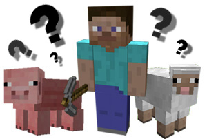 Minecraft - trzymający w ręce kilof Steve, czyli główny bohater, którym steruje gracz, wraz ze świnią i owcą